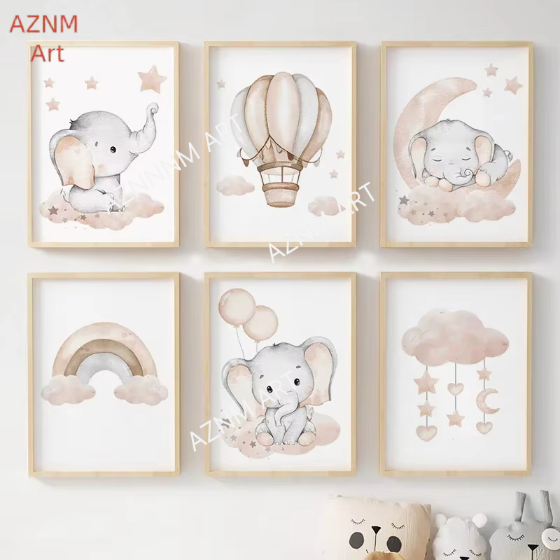 Baby Nursery Things - Pósteres de elefantes, globos, arcoíris, luna,