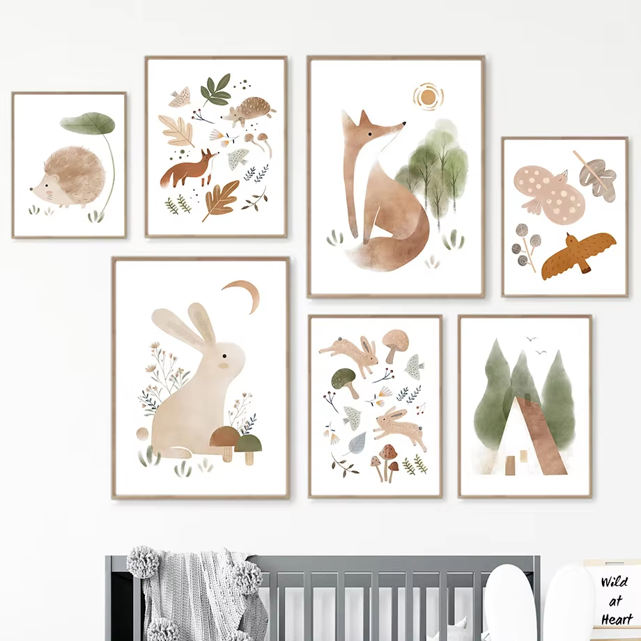 Baby Nursery Mirror - Boho conejo zorro erizo pájaro hoja